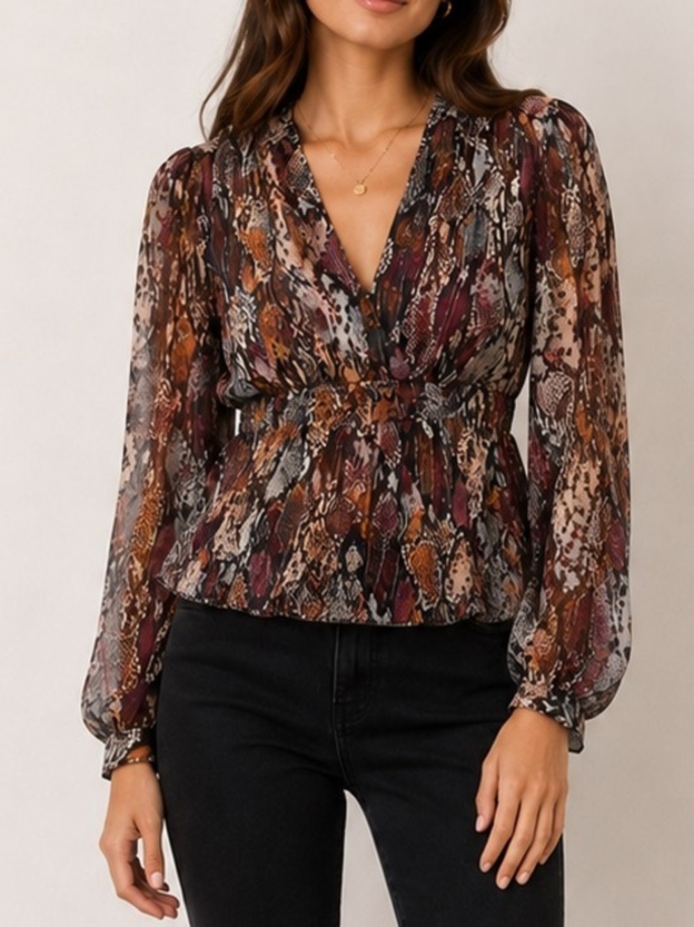 Rebecca Taylor Silk Blend Watercolor Snake Print V-Neck Top